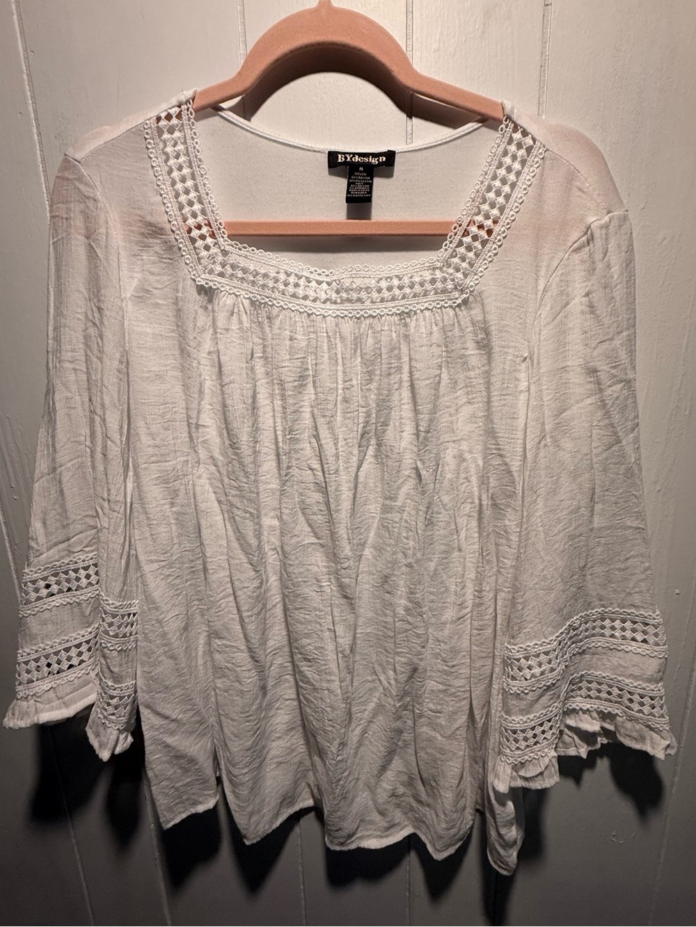 By Design White Crochet-Trim Peasant Blouse - Lightweight Women's Top